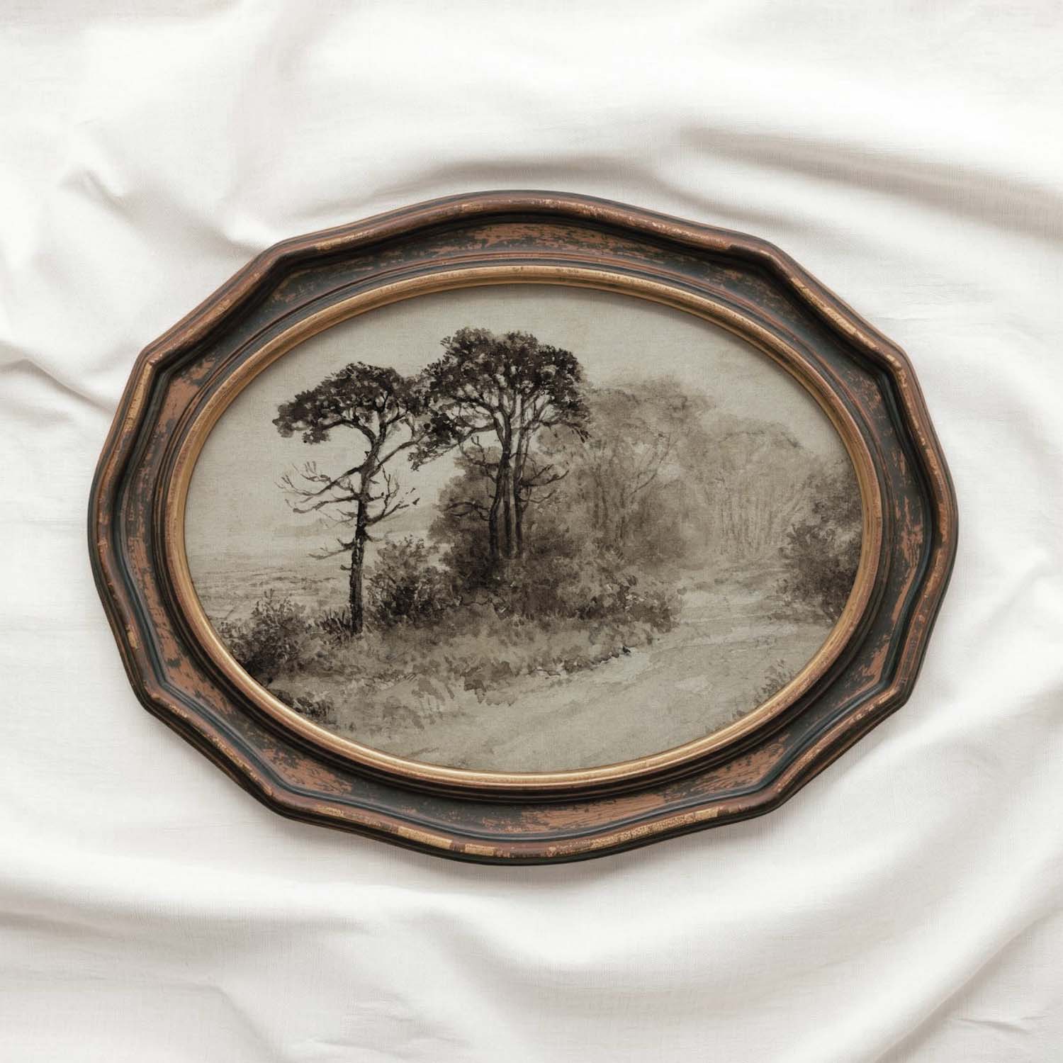 Dark Academia Autumn Landscape Wall Art Printable | Antique Watercolor Neutral Beige Tree Print