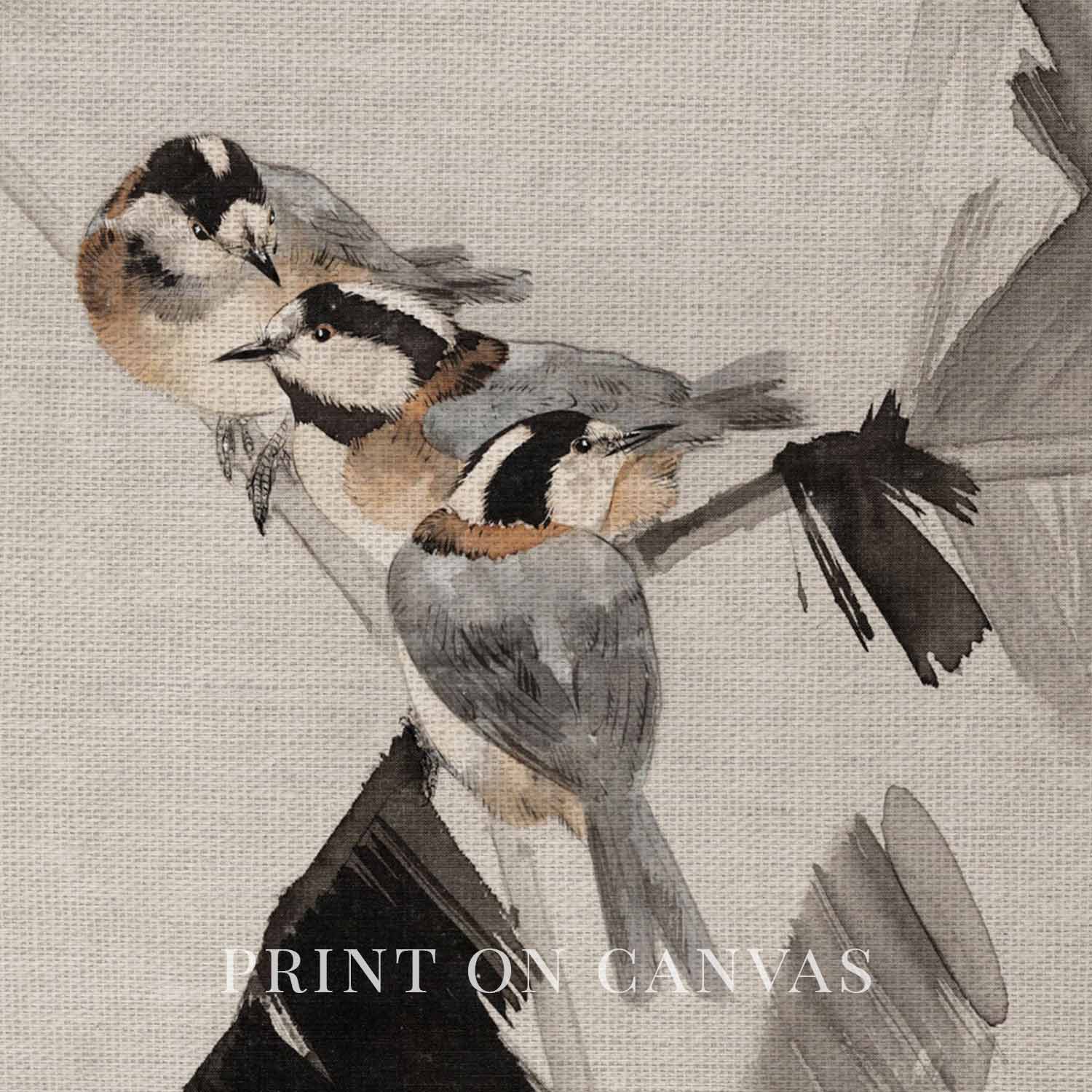 Three Birds Palm Branch Wall Art Print Digital Download (Japanese Ink Painting Nature Decor)