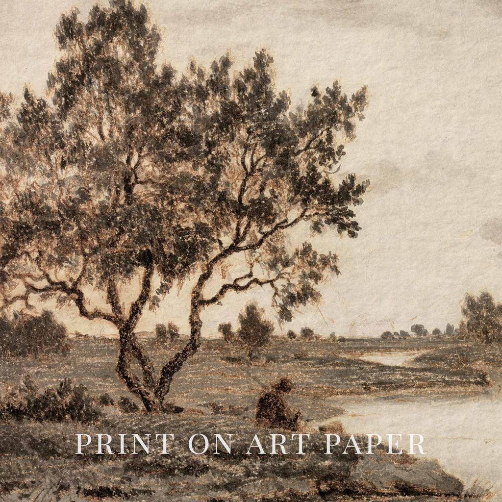 Sepia Country Landscape Tree Sketch Wall Art Printable – Vintage Rustic Nature Drawing Print