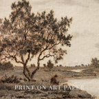 Sepia Country Landscape Tree Sketch Wall Art Printable – Vintage Rustic Nature Drawing Print