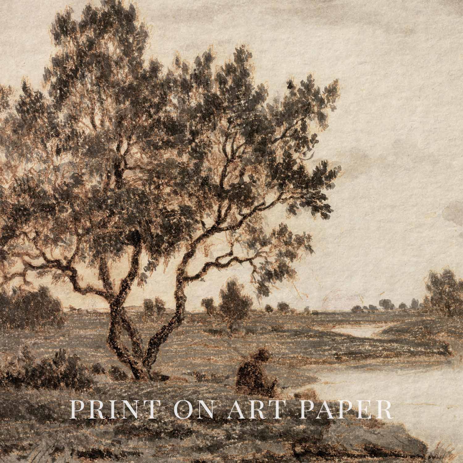 Sepia Country Landscape Tree Sketch Wall Art Printable – Vintage Rustic Nature Drawing Print