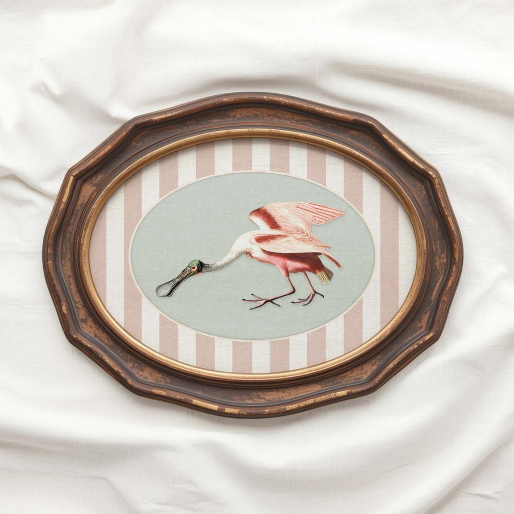 Spoonbill Nursery Wall Art Printable (Digital Download) — Pink Blue Striped Storybook Bird Decor