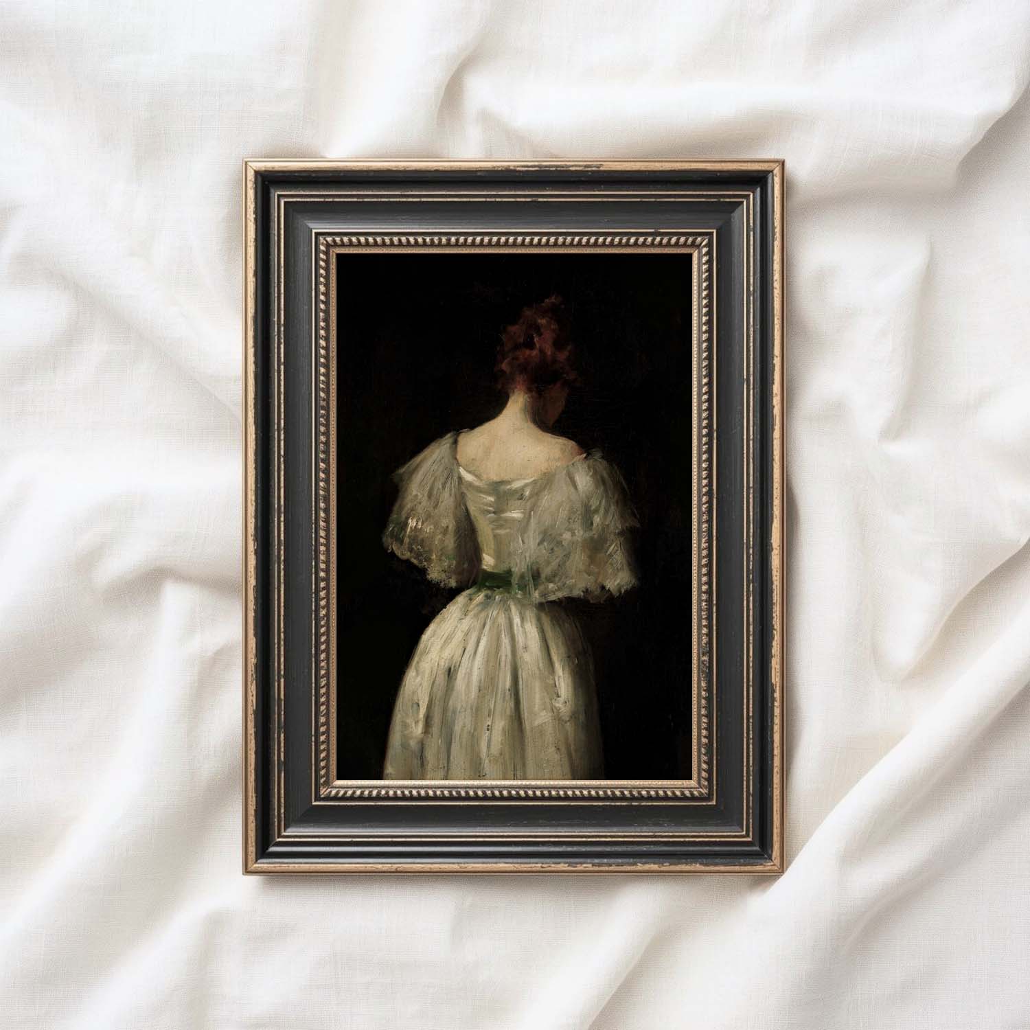 Victorian Bridal Portrait Wall Art Print – Dark Academia Back View Bride Oil Painting (Digital Download)