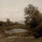 Close-up of antique brown pond landscape artwork printed on textured canvas