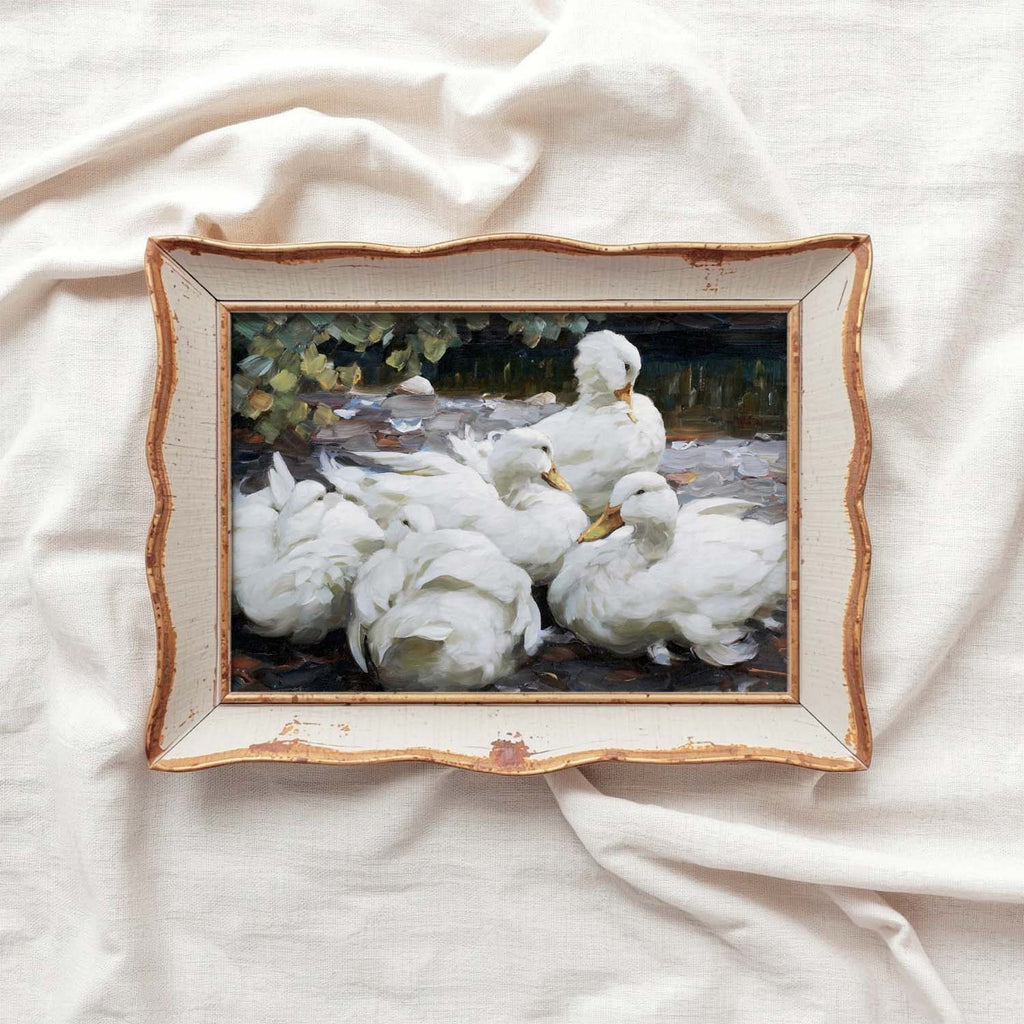 Five White Ducks Bird Print Digital Download (Antique Farmhouse Oil Painting Wall Art)
