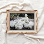 Five White Ducks Bird Print Digital Download (Antique Farmhouse Oil Painting Wall Art)
