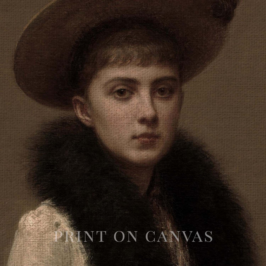 Antique elegant lady wall print featuring feathered hat and vintage attire details in Victorian style.