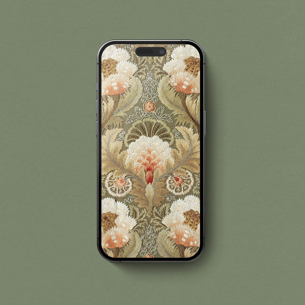 Antique floral pattern iPhone wallpaper with ornate cream, peach and olive botanical details