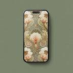 Antique floral pattern iPhone wallpaper with ornate cream, peach and olive botanical details