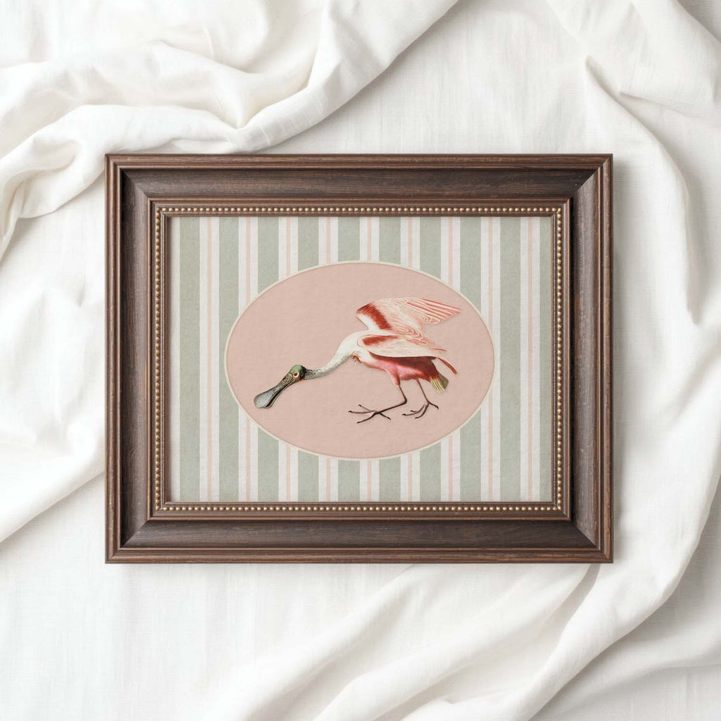 Spoonbill Nursery Wall Art Printable (Digital Download) — Sage Green Blush Striped Storybook Bird Decor