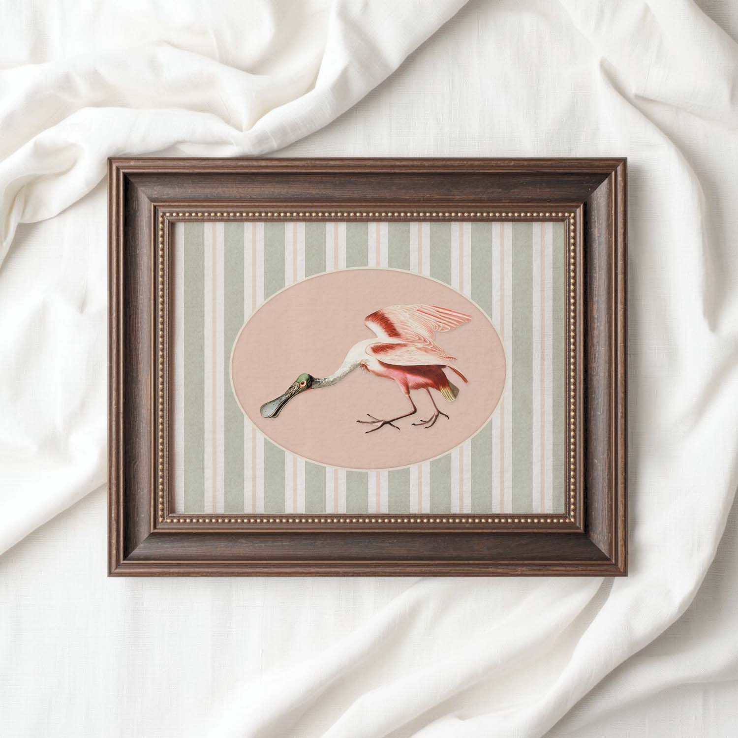 Spoonbill Nursery Wall Art Printable (Digital Download) — Sage Green Blush Striped Storybook Bird Decor