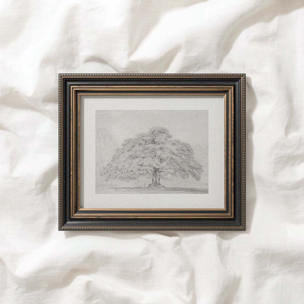 Horizontal Oak Tree Landscape Wall Art Printable | Antique Pencil Sketch Print