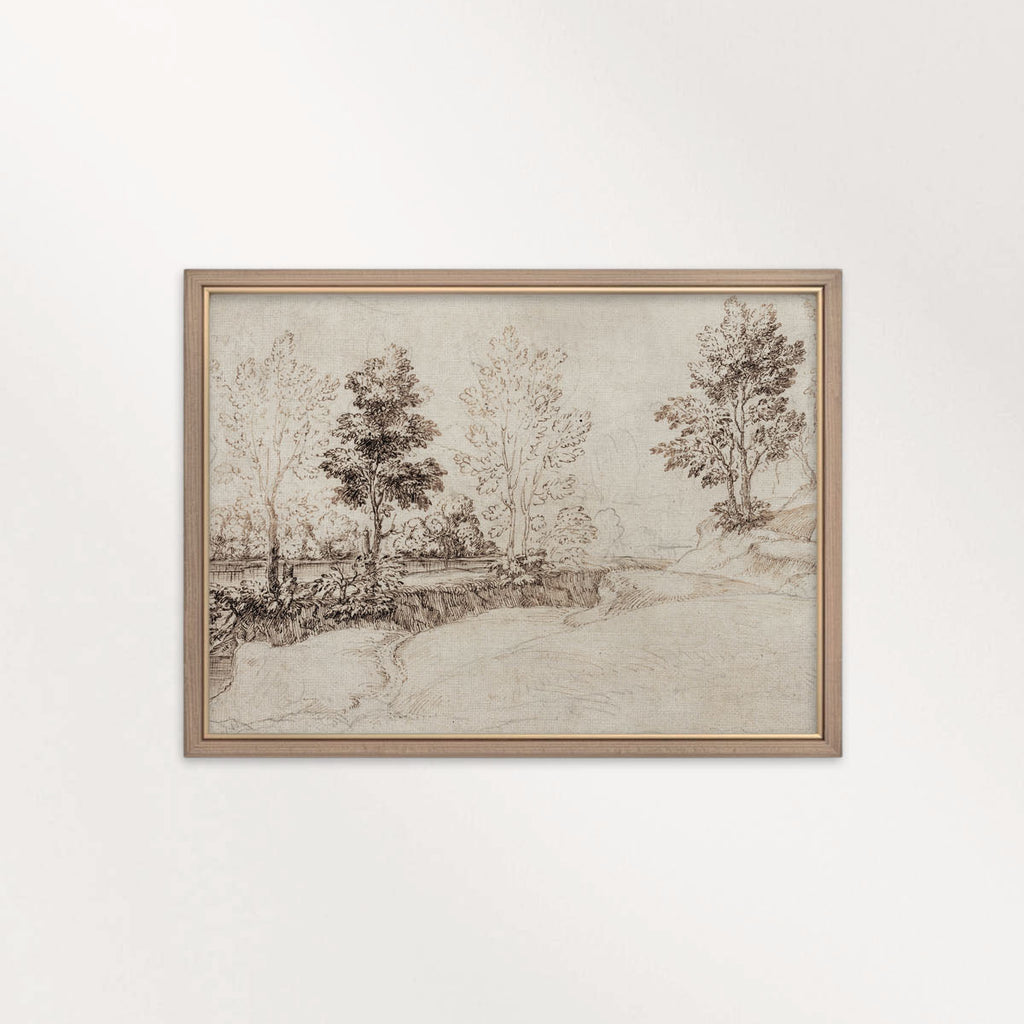 Antique Riverside Tree Etching Wall Art Printable – Vintage Landscape Sketch Print