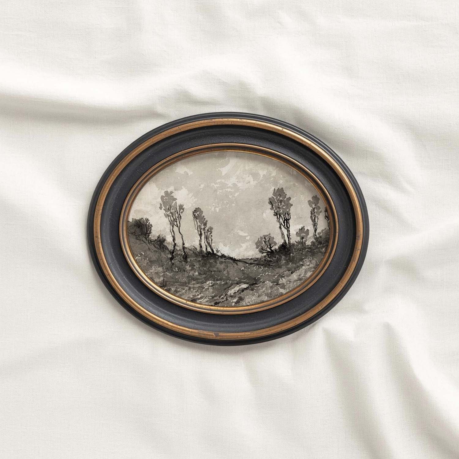 Moody Monochrome Landscape Wall Art Printable – Vintage Neutral Nature Sketch Print