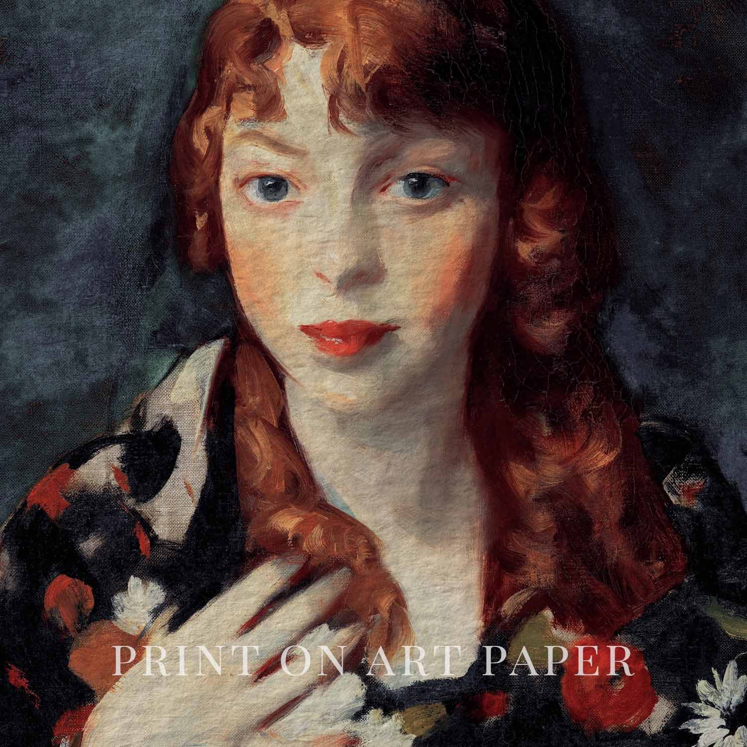 Navy Blue Parisian Portrait Wall Art Print – Romantic Red Hair Woman Oil Painting (Digital Download)
