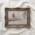 Antique Riverside Tree Etching Wall Art Printable – Vintage Landscape Sketch Print