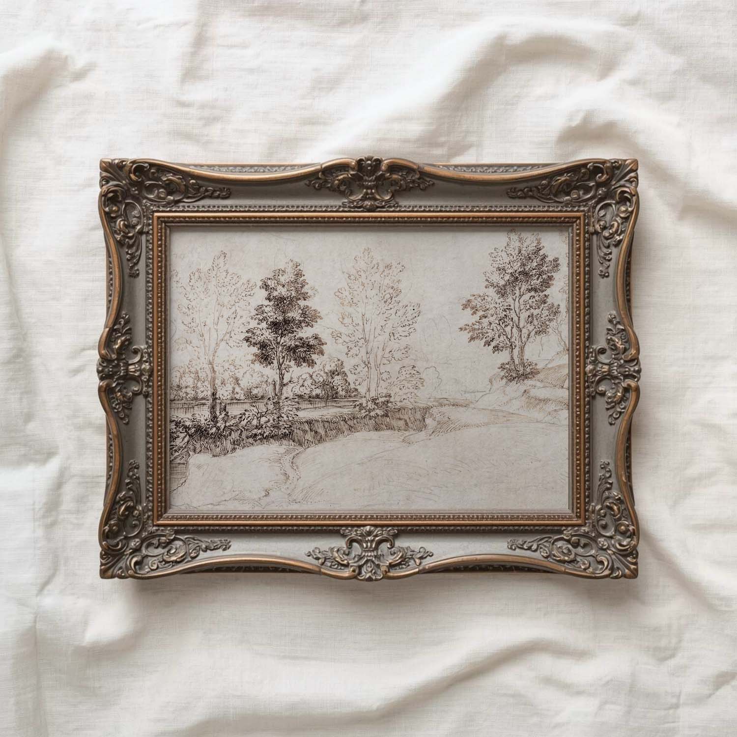 Antique Riverside Tree Etching Wall Art Printable – Vintage Landscape Sketch Print
