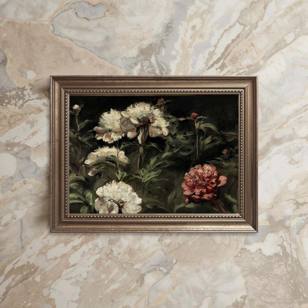 Antique rose painting printable dark botanical art in romantic vintage floral style.