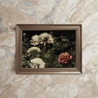 Antique rose painting printable dark botanical art in romantic vintage floral style.