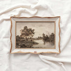 Sepia Country Landscape Tree Sketch Wall Art Printable – Vintage Rustic Nature Drawing Print