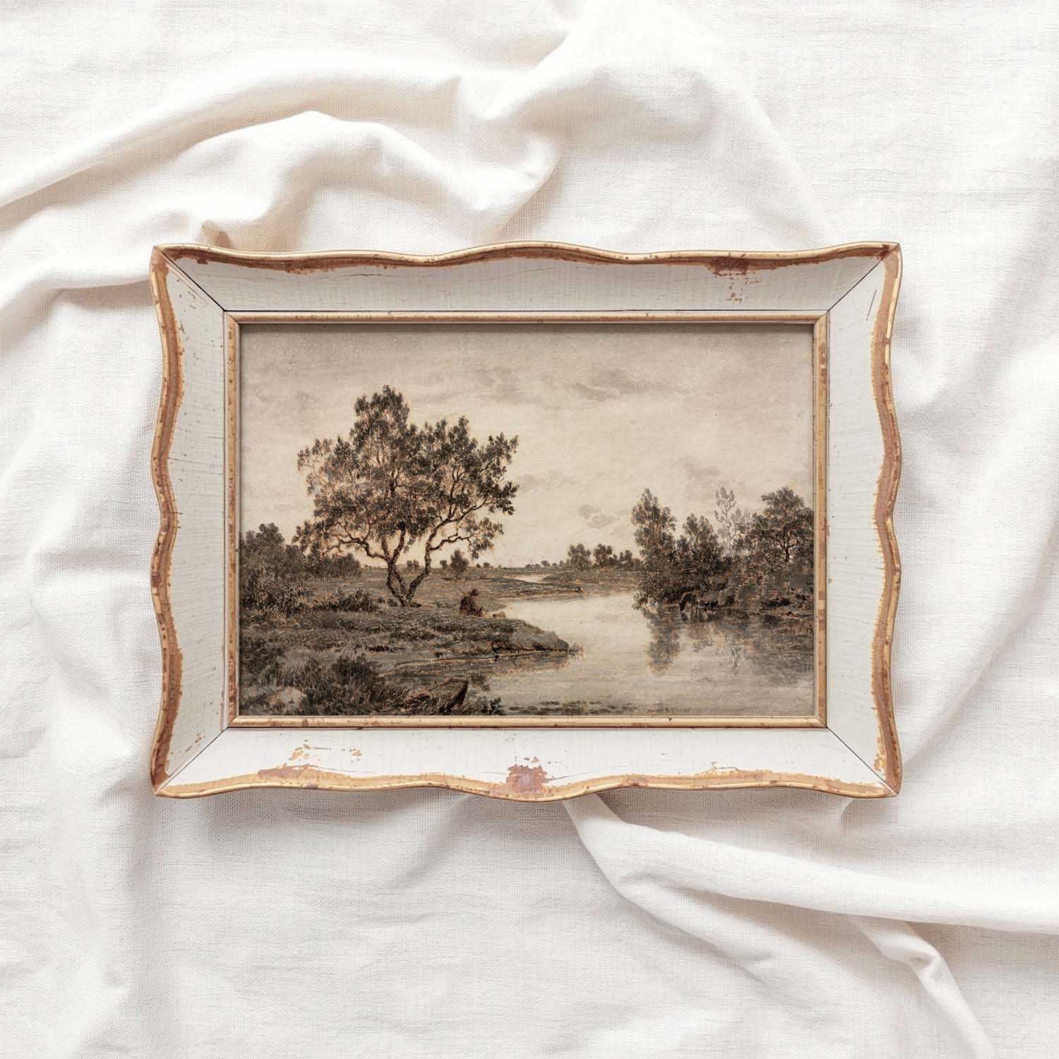 Sepia Country Landscape Tree Sketch Wall Art Printable – Vintage Rustic Nature Drawing Print