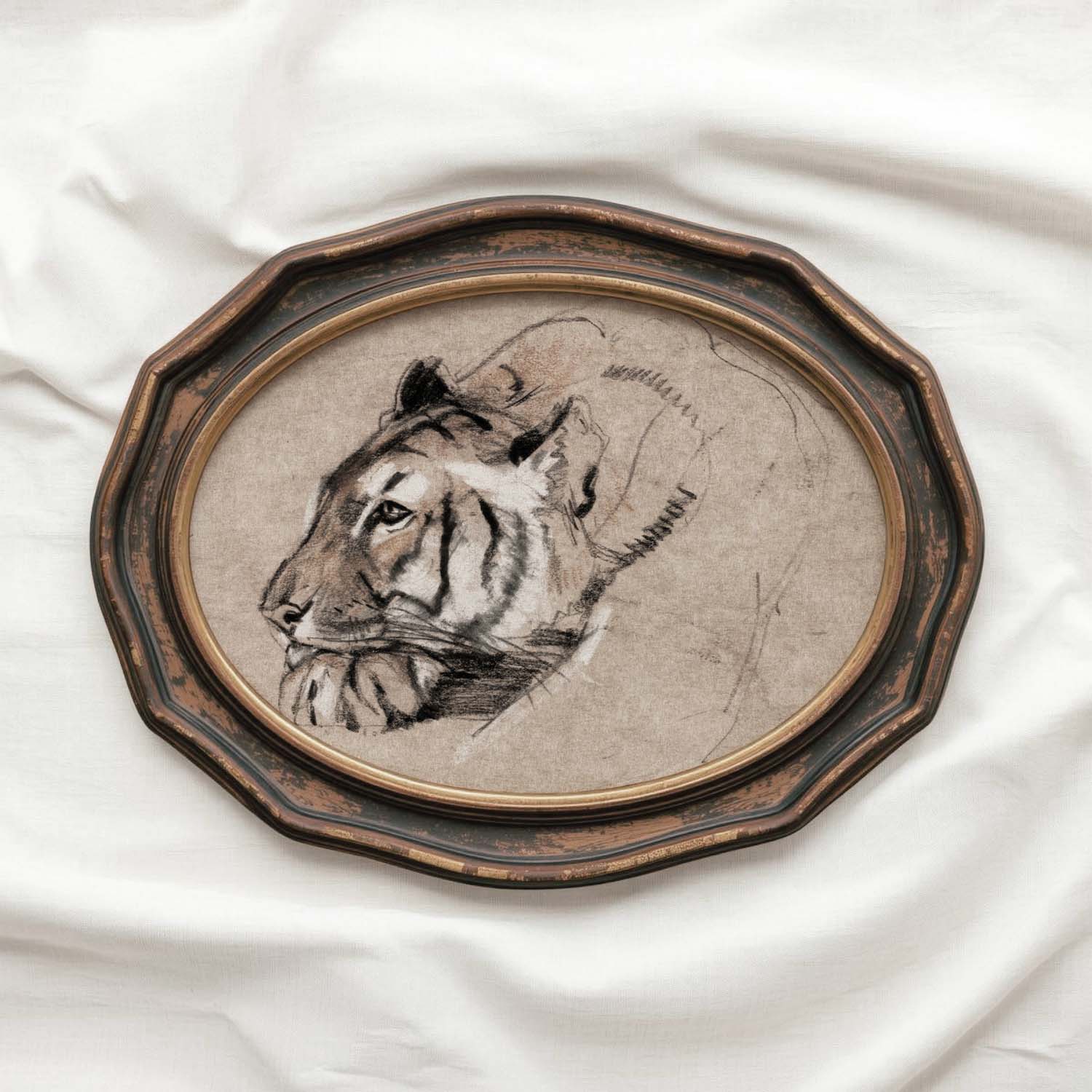 Tiger Portrait Wall Art Printable | Antique Pencil Sketch Wildlife Print