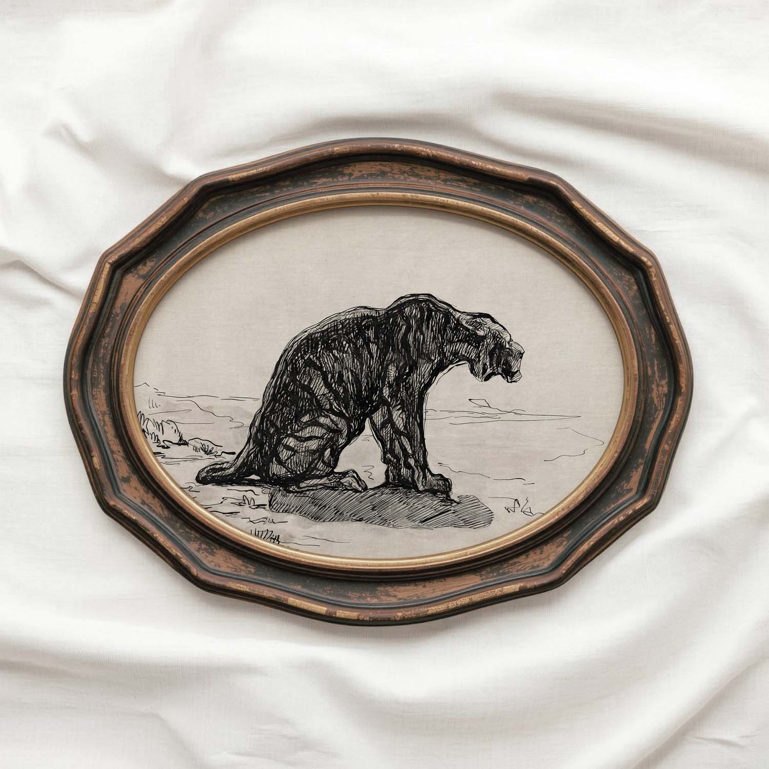Antique Tiger Wall Art Printable | Moody Ink Sketch Animal Illustration
