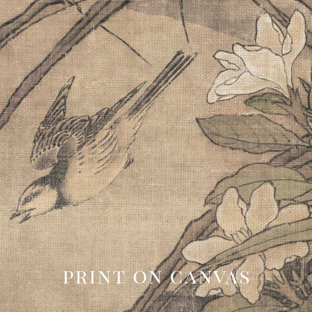 Antique Bird and Tiger Lily Botanical Wall Art Printable – Vintage Japanese Floral Illustration Print