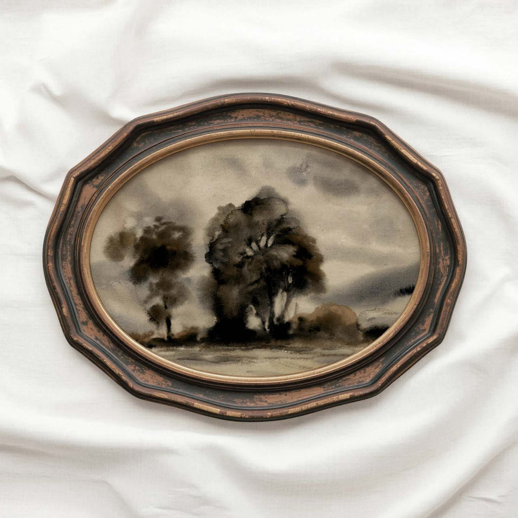 Moody Black Watercolor Tree Printable Wall Art | Vintage Monochrome Landscape