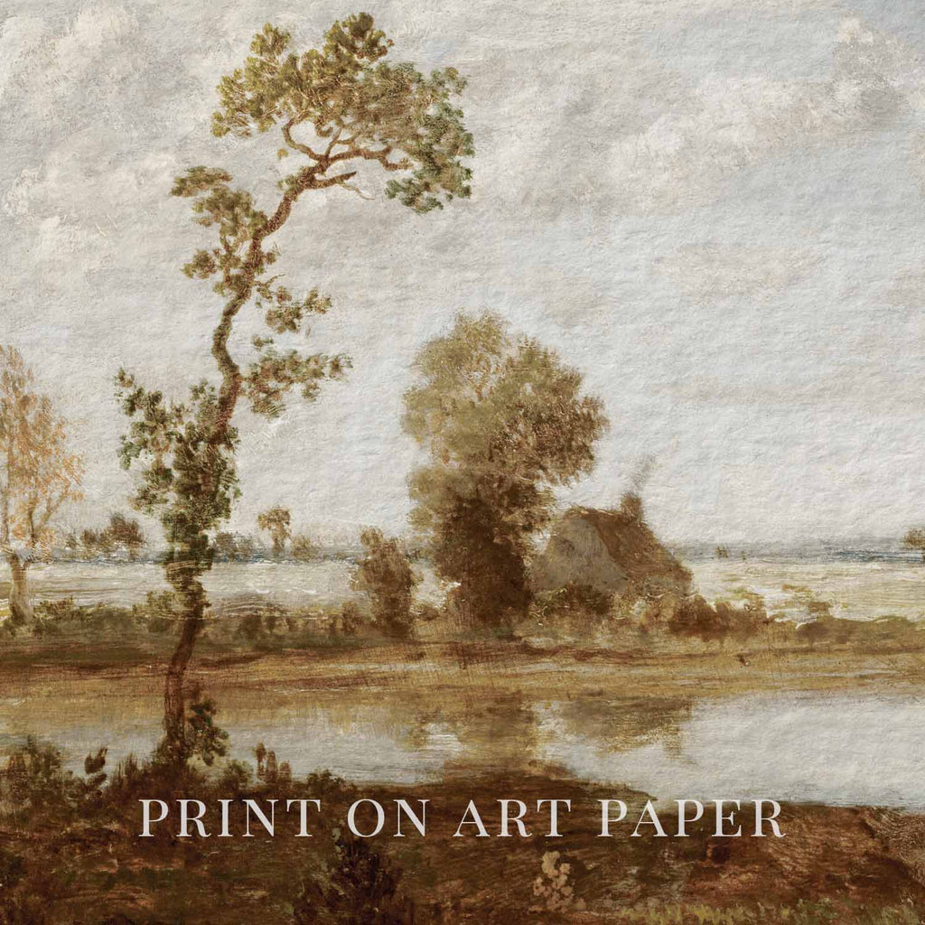 Autumn aesthetic Fall Lake Muted Landscape printable wall art with muted sepia lake tones.