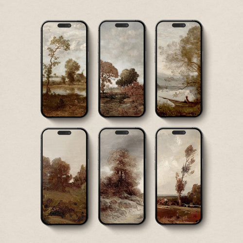 Set of 6 autumn aesthetic iPhone wallpapers featuring vintage landscapes, rivers, trees and countryside scenes in warm brown, rust and muted fall tones