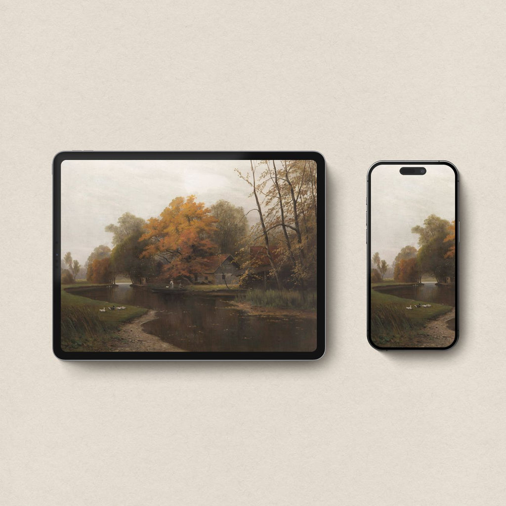 Autumn cottagecore wallpaper bundle mockup showing coordinated forest cabin design across iPhone and iPad devices.