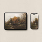 Autumn cottagecore wallpaper bundle mockup showing coordinated forest cabin design across iPhone and iPad devices.