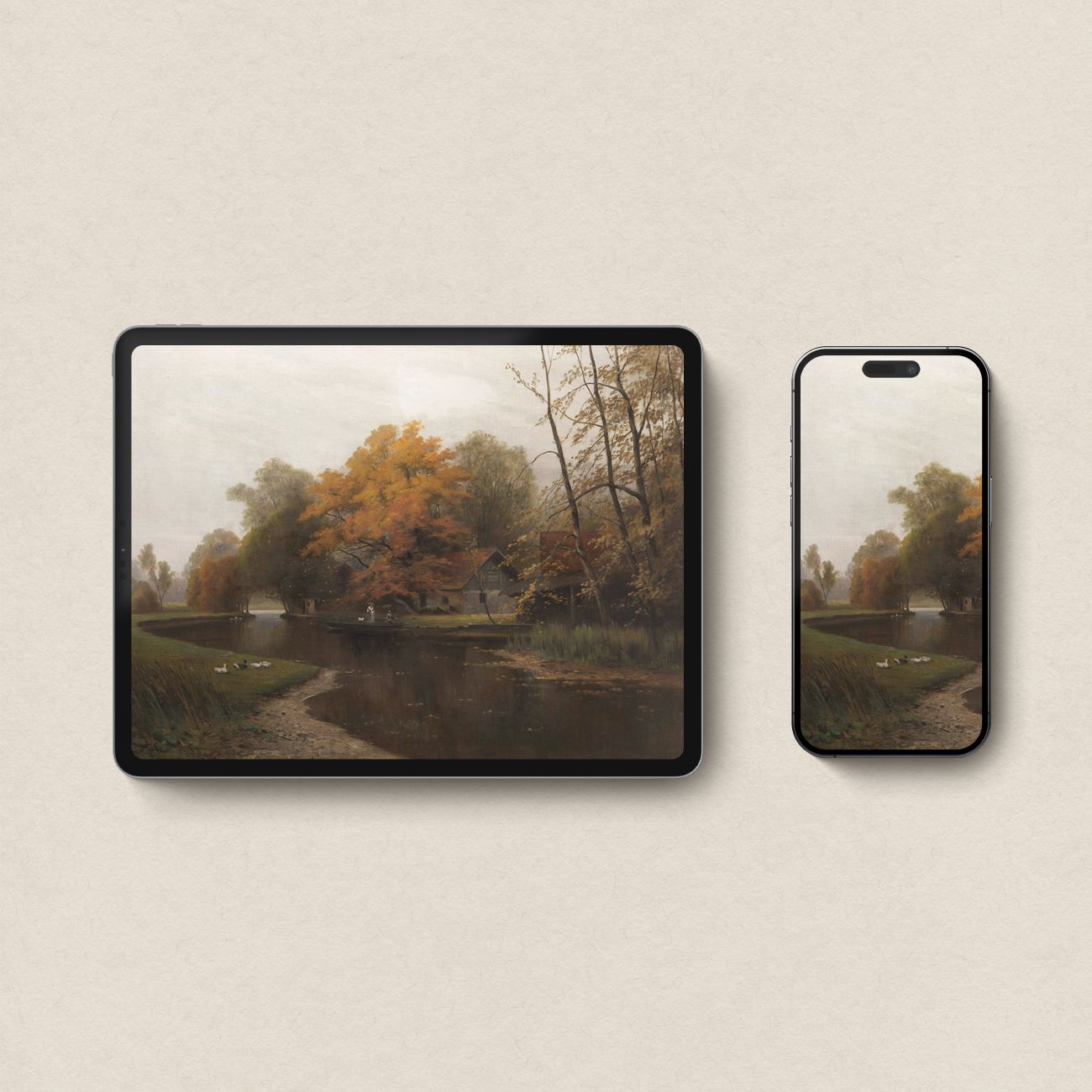Autumn cottagecore wallpaper bundle mockup showing coordinated forest cabin design across iPhone and iPad devices.