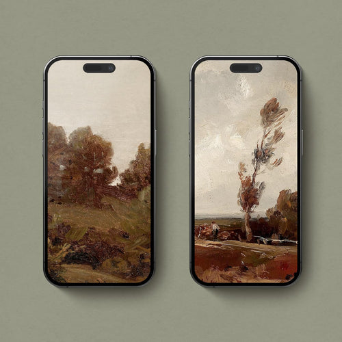 Vintage autumn countryside iPhone wallpaper with rust colored trees and muted fall scenery