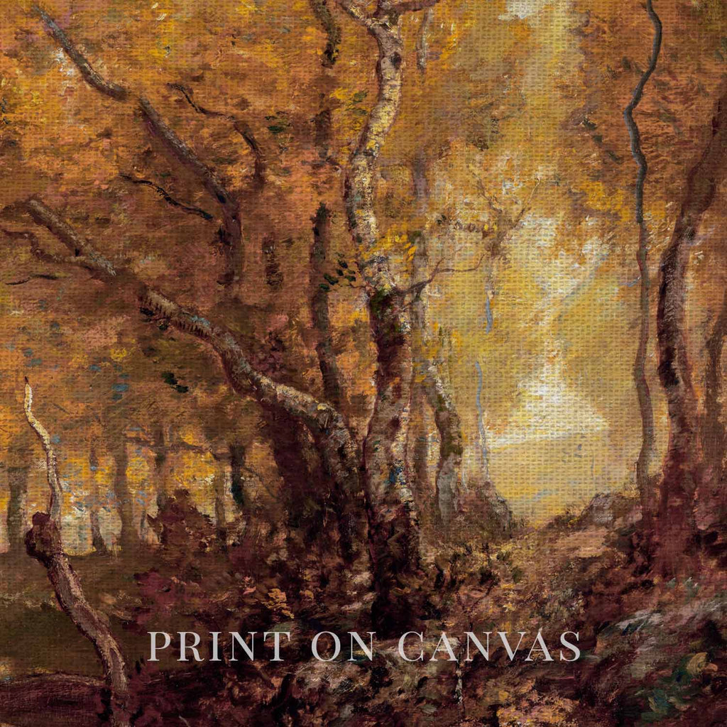Autumn forest printable art with a forest pond print and fall trees in vintage style.
