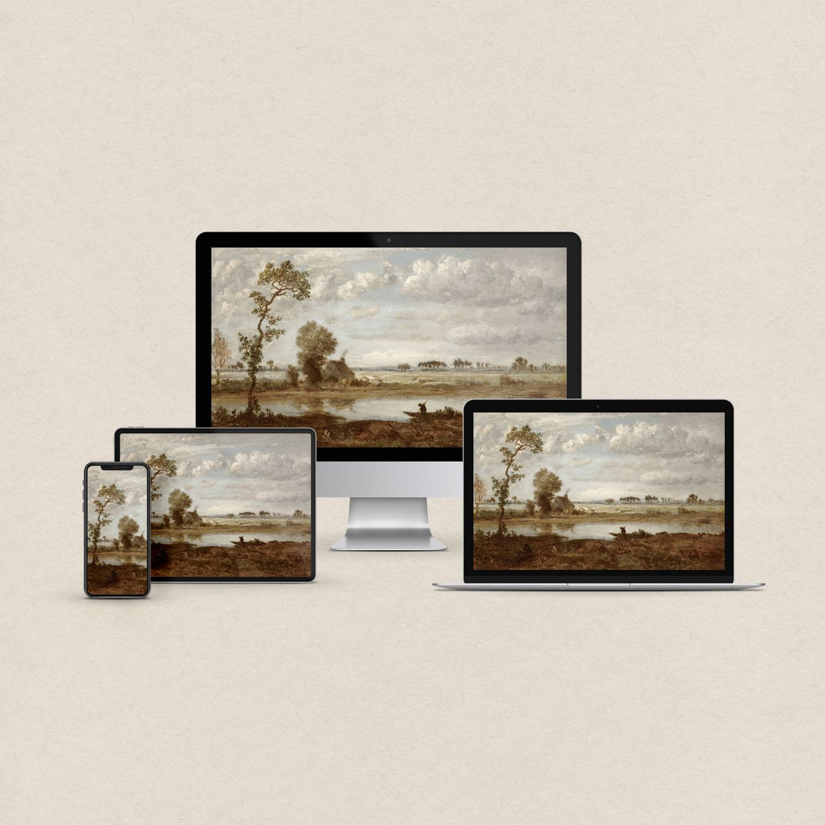 Autumn lake desktop wallpaper featuring a peaceful landscape in soft muted fall tones with matching device wallpapers