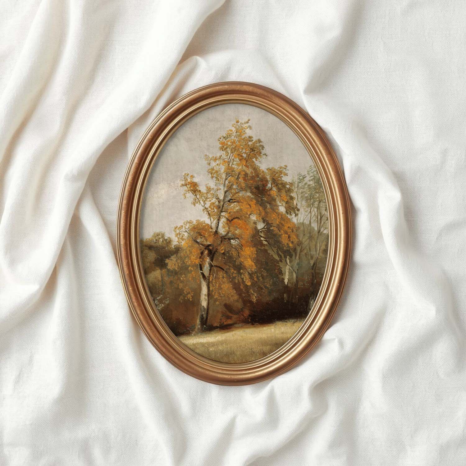 Autumn oak tree landscape printable wall art with warm vintage oil painting details.