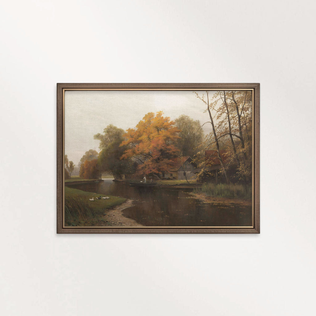 Autumn river landscape print with dark autumn cottagecore cabin decor as printable wall art.