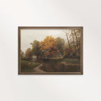 Autumn river landscape print with dark autumn cottagecore cabin decor as printable wall art.