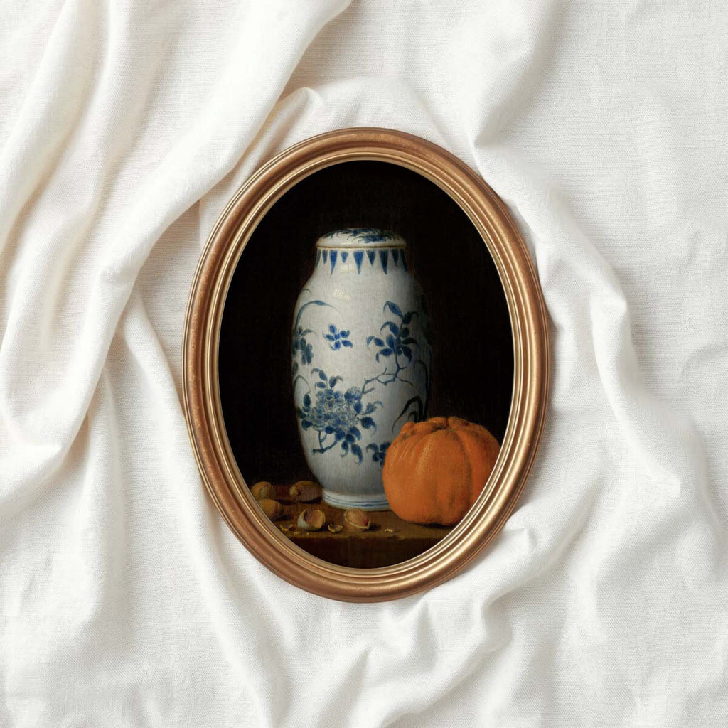 Moody Pumpkin Still Life Wall Art Printable – Vintage Delft Vase Autumn Print (Dark Academia)