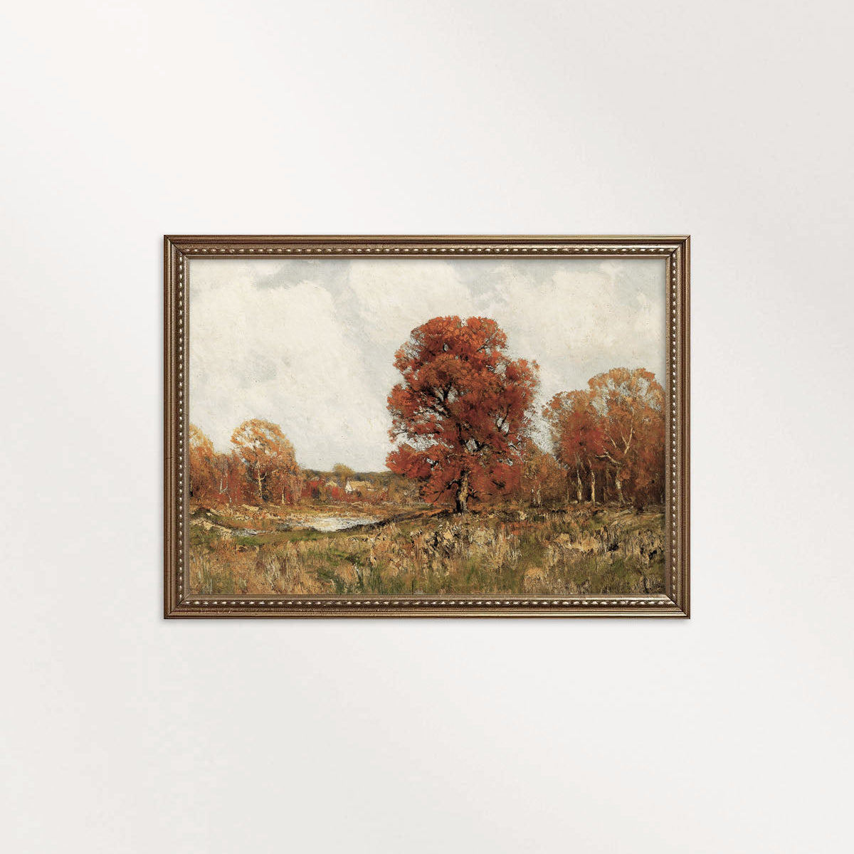 Autumn tree landscape vintage printable wall art in muted fall tones, classical heritage style landscape print.