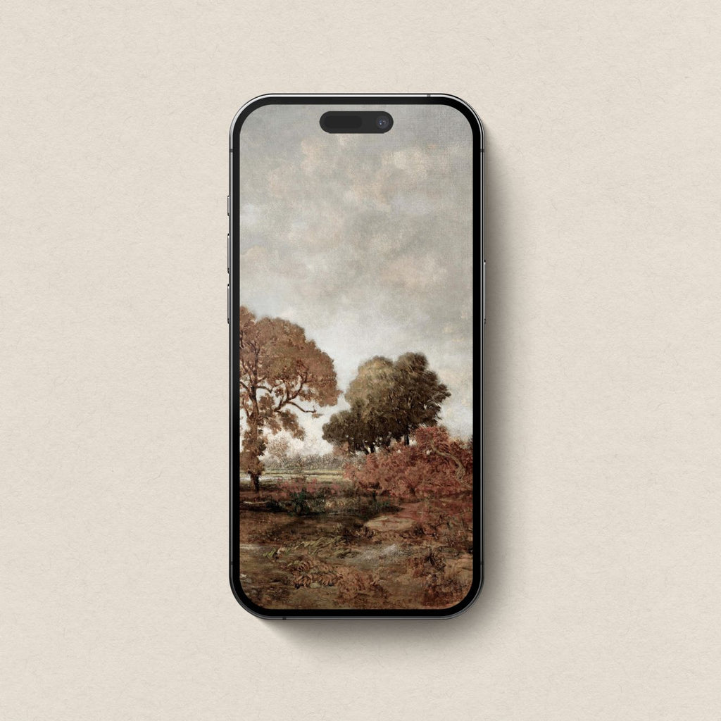 Cozy autumn trees wallpaper set for iPhone in a moody heritage art style.