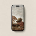 Cozy autumn trees wallpaper set for iPhone in a moody heritage art style.