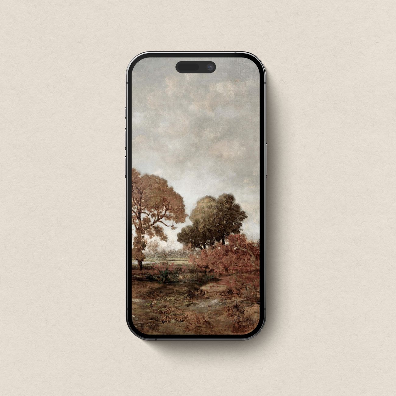 Cozy autumn trees wallpaper set for iPhone in a moody heritage art style.