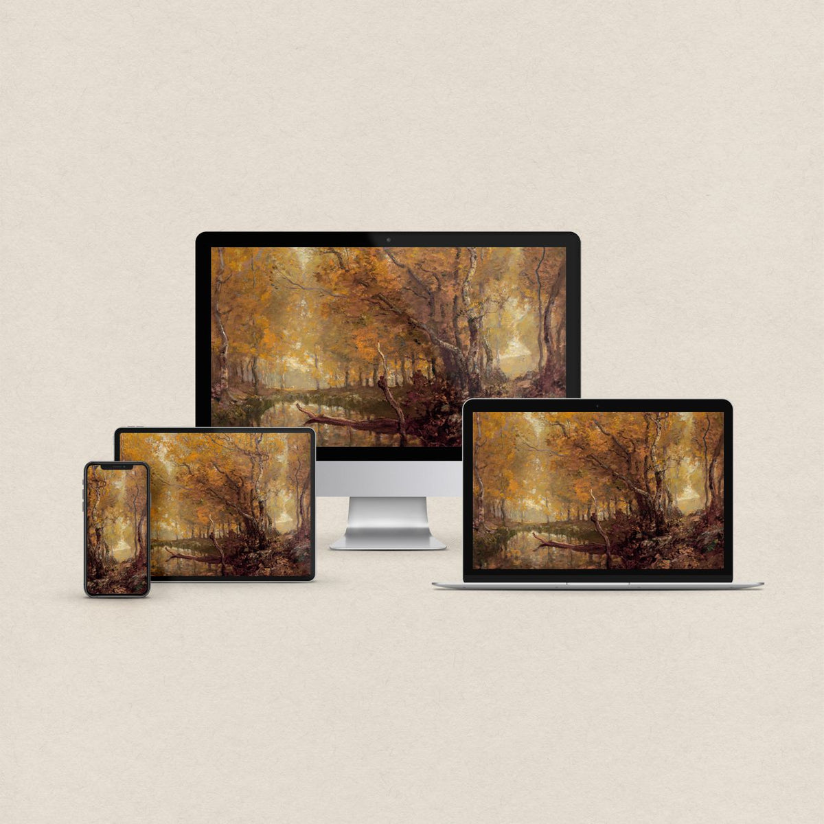 Autumn trees desktop wallpaper featuring a vintage fall forest landscape with orange foliage and a woodland stream