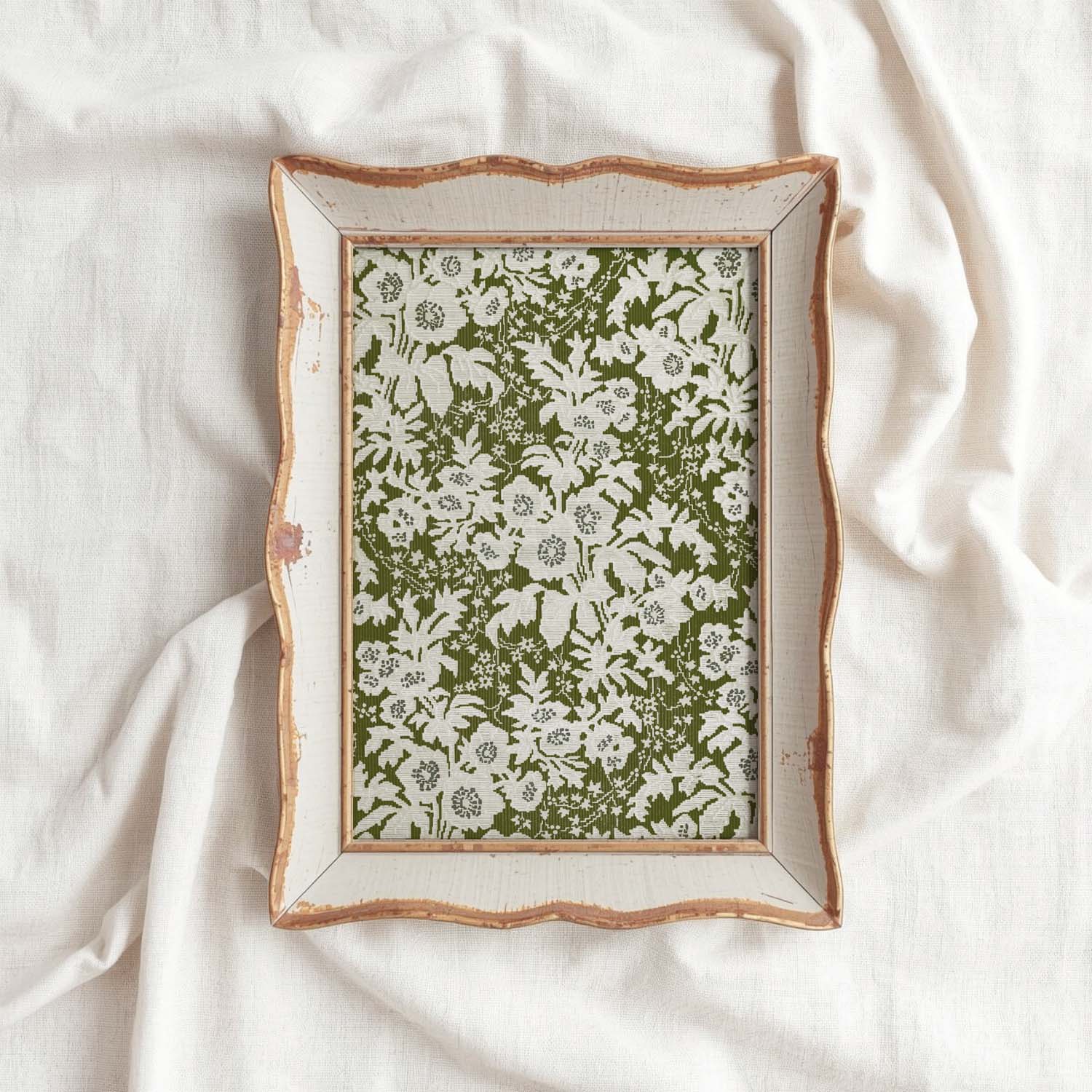 Green and white baby's breath floral print with vintage botanical wall art
