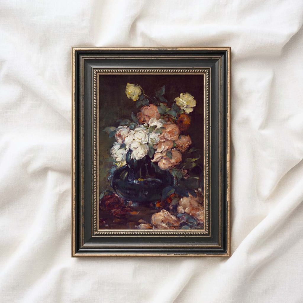 Rose Still Life Oil Painting Wall Art Printable (Digital Download) — Dramatic Red Roses Dark Vase