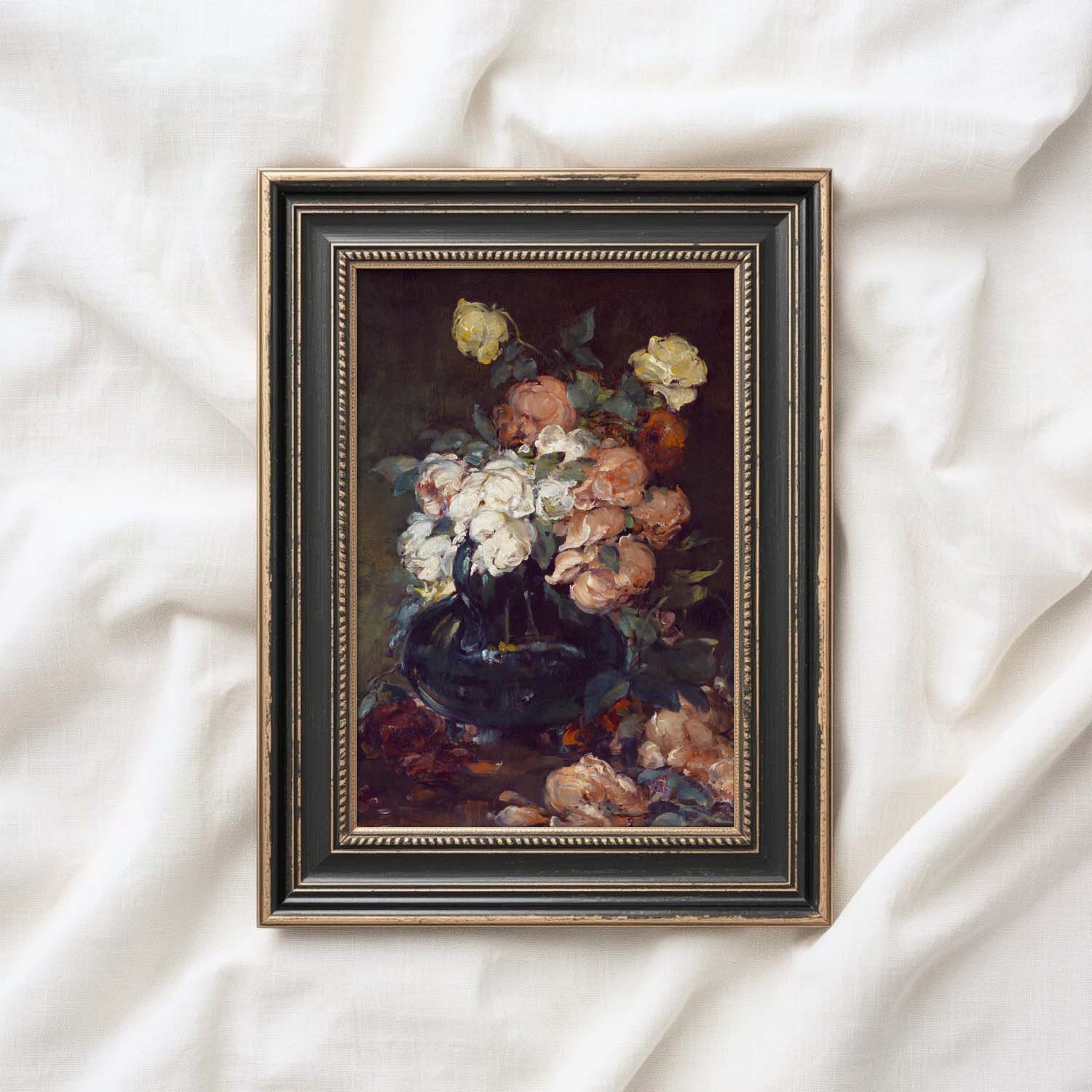 Rose Still Life Oil Painting Wall Art Printable (Digital Download) — Dramatic Red Roses Dark Vase