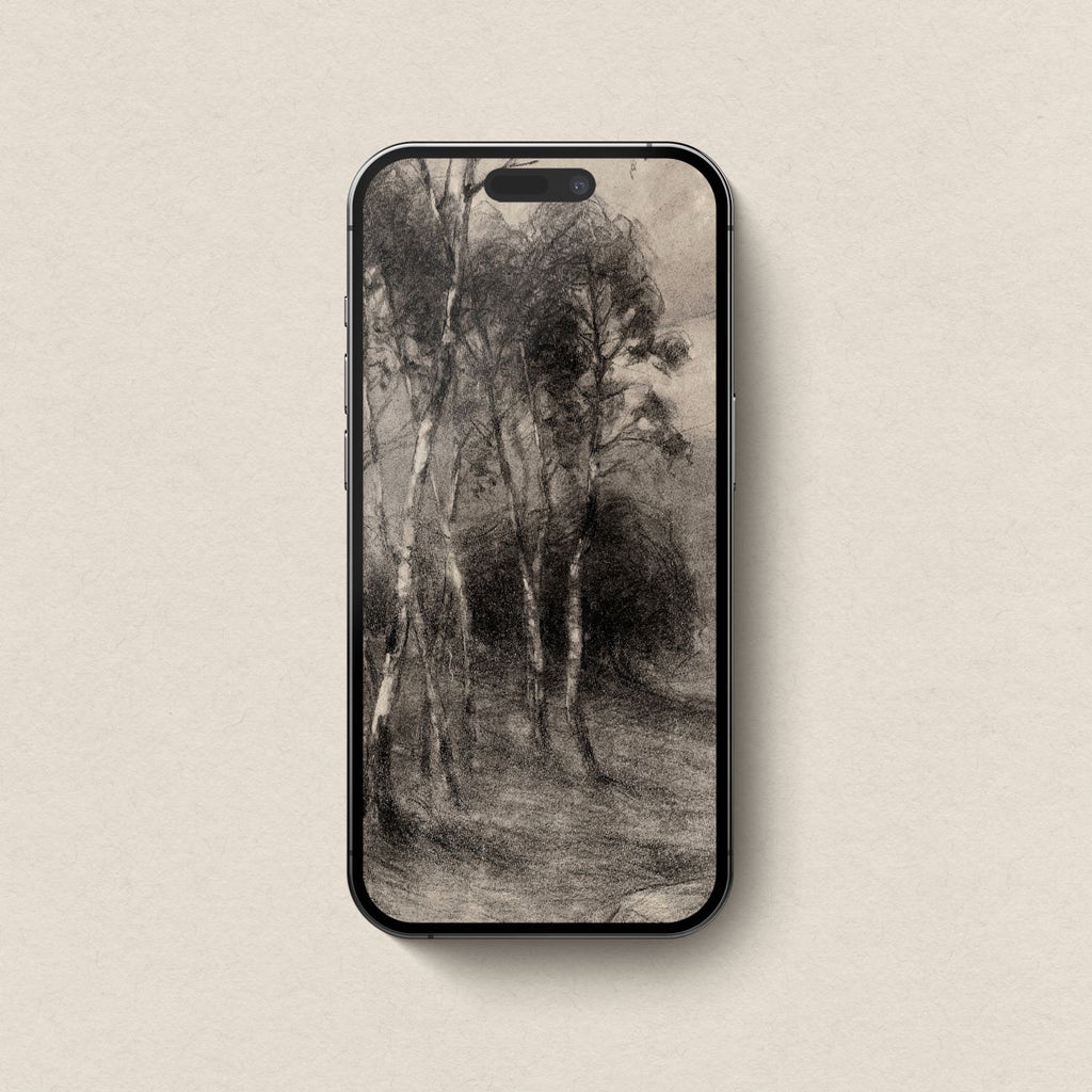 Charcoal Birch Tree Wallpaper Set | iPhone & iPad Minimal Monochrome Forest